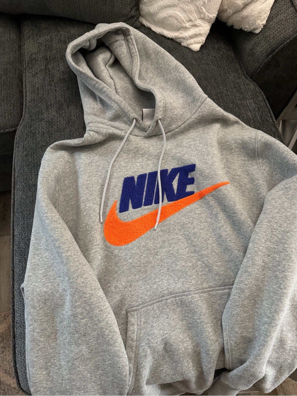 Nike Gray Hoodie with Blue Logo and Orange Swoosh